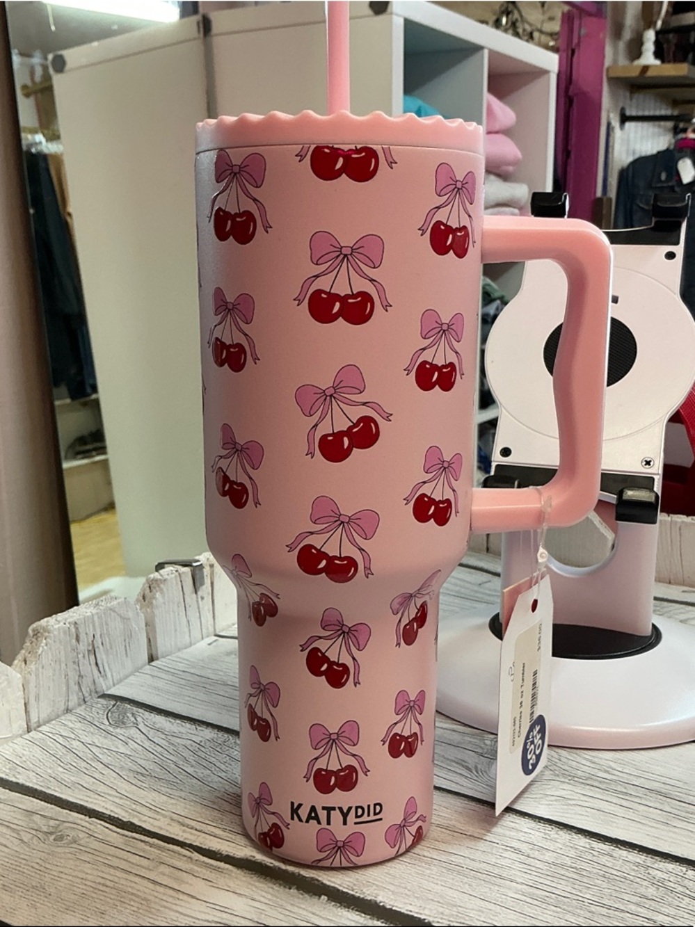 Katydid Pink Cherry Print Travel Cup with Handle & Straw